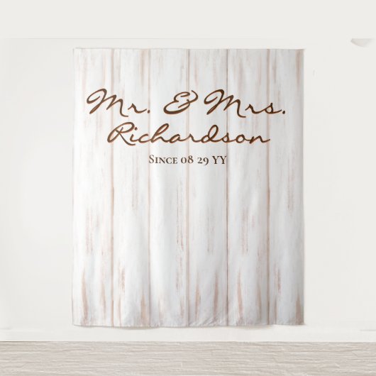 ラスティック エイジド ホワイト バーン ウッド プランクト ウェディング タペストリー (正面)