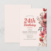 ラスティック エレガント ボーホー シック フラワーズ 24歳の誕生日 招待状 (正面/裏面)