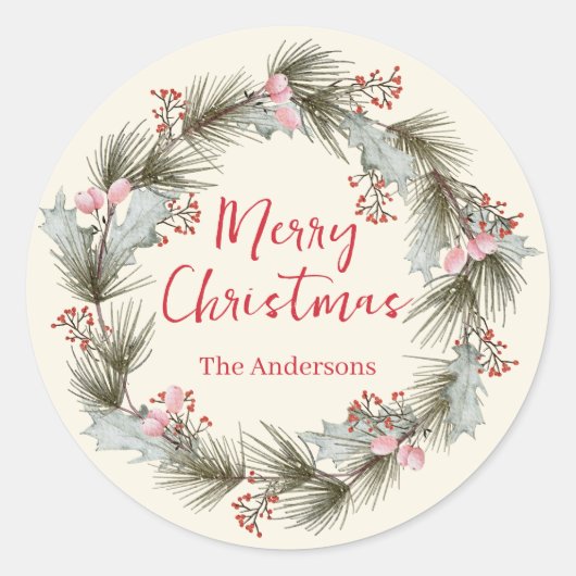 ラスティック エレガント 水彩 クリスマス リース ラウンドシール (正面)