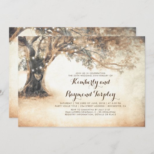 ラスティック オーク ツリー ストリング ライト ウェディング アニバーサリー 招待状 (正面/裏面)