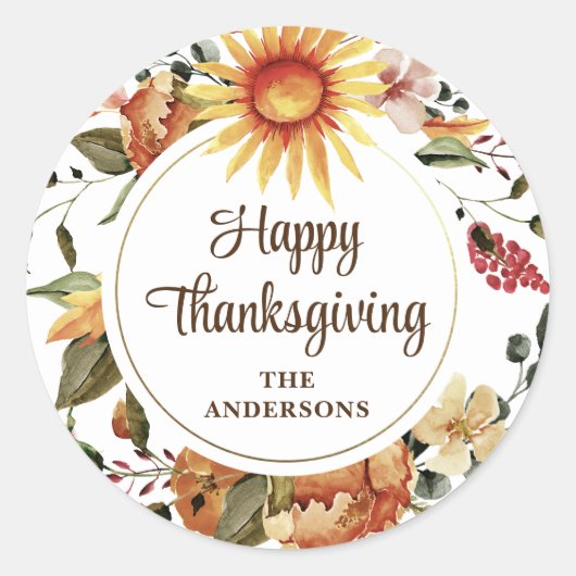 ラスティック オータム サンフラワー フローラル サンクスギビング スクリプト ラウンドシール (正面)