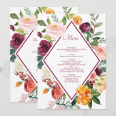 ラスティック オータム フラワーズ ワイン レッド ウェディング メニュー カード (正面/裏面)