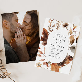 ラスティック オータム フローラル オーバル フレーム フォト ウェディング 招待状