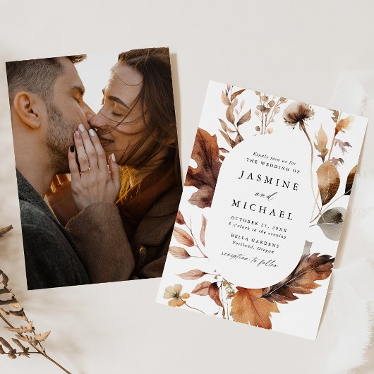 ラスティック オータム フローラル オーバル フレーム フォト ウェディング 招待状