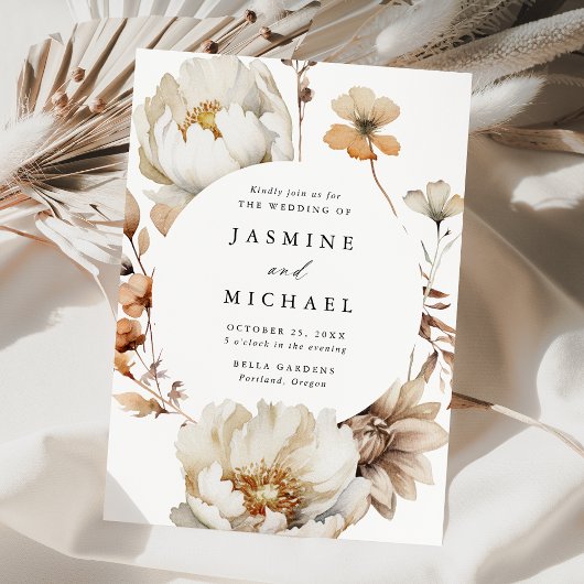 ラスティック オータム フローラル サークル フレーム ウェディング 招待状