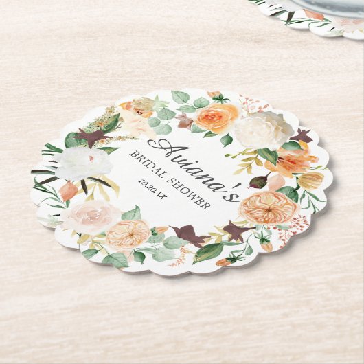 ラスティック オータム フローラル ブライダル シャワー ペーパーコースター (アングル)
