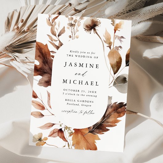 ラスティック オートム フローラル フレーム ウェディング 招待状