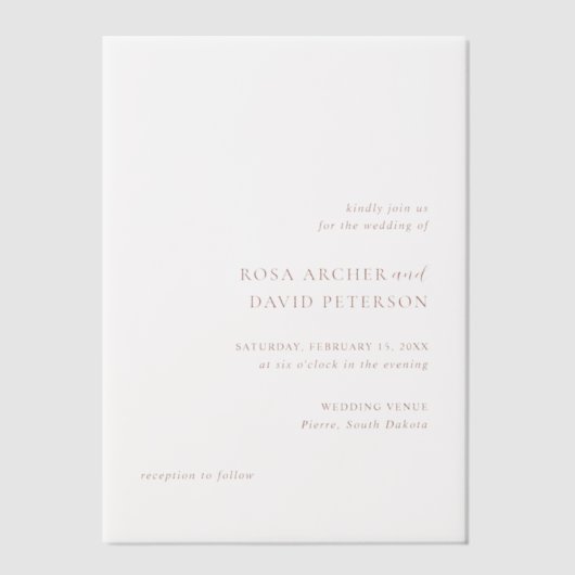 ラスティック カッパー エディトリアル モダン ウェディング ベラム紙招待状 (正面)