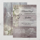 ラスティック カントリー グレー ウッド フラワー ウェディング 招待状 (正面/裏面)