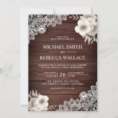 ラスティック カントリー シック ウッドレース アイボリー フラワー ウェディング 招待状 (正面)