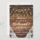 ラスティック カントリー ストリング ライト ウッド レース ブライズメイド 招待状 (正面)