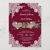 ラスティック カントリー バーガンディー 麻とレースの結婚式 招待状 (正面/裏面)