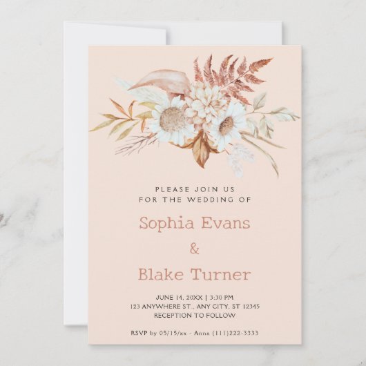ラスティック カントリー フローラル ボタニカル ピンク クリーム ウェディング 招待状 (正面)