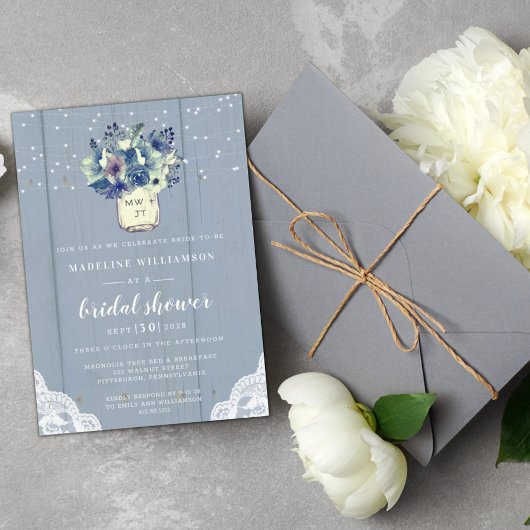 ラスティック カントリー ブルー メイソンジャー ウッド ブライダルシャワーⅠ 招待状