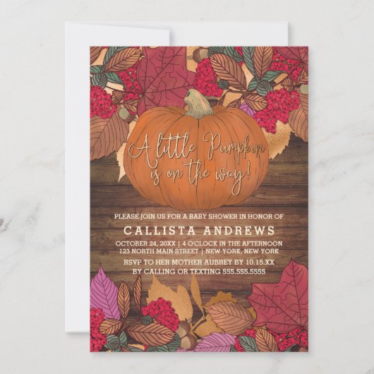 ラスティック カントリー レッド ブラウン 秋の落ち葉 ベビーシャワー 招待状 (正面)