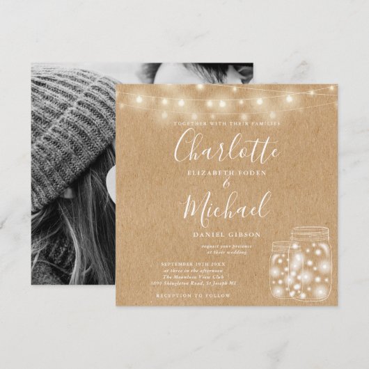 ラスティック クラフト ストリング ライト メイソンジャー ウェディング フォト 招待状 (正面/裏面)