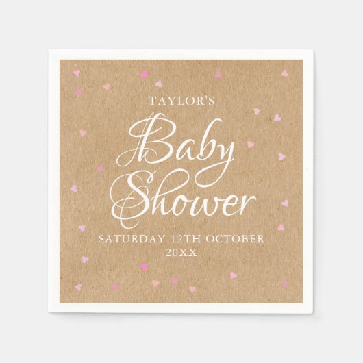 ラスティック クラフト ピンク ハート ベビー シャワー スタンダードカクテルナプキン (正面)