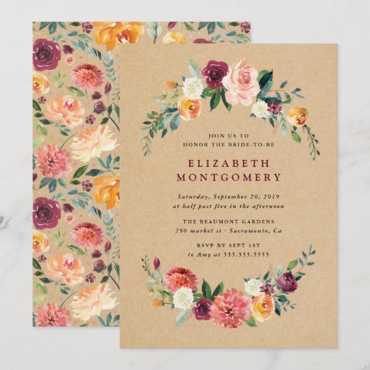 ラスティック クラフト フラワー リース ブライダル シャワー 招待状 (正面/裏面)