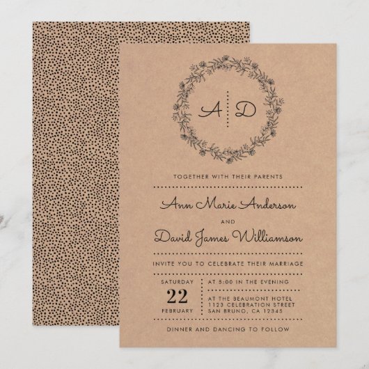 ラスティック クラフト フローラル リース ウェディング インビテーション (正面/裏面)