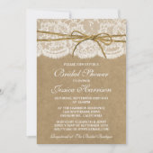 ラスティック クラフト、レース & ツイン ボウ ブライダル シャワー 招待状 (正面)