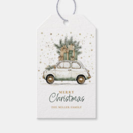 ラスティック クリスマス サンタの車 水彩画 ギフトタグ
