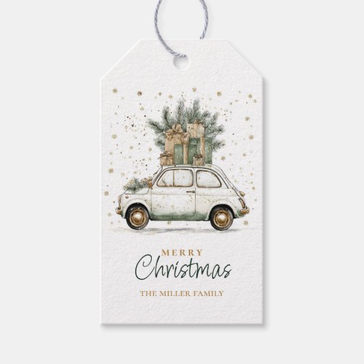 ラスティック クリスマス サンタの車 水彩画 ギフトタグ (正面)