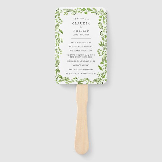 ラスティック グリーン オリーブ リーフ フレーム ウェディング プログラム ハンドファン (正面)