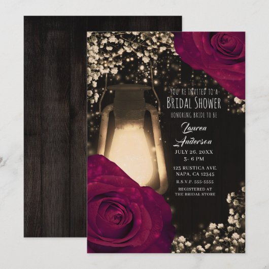 ラスティック グロー ランタン マゼンタ ローズ ブライダル シャワー 招待状 (正面/裏面)