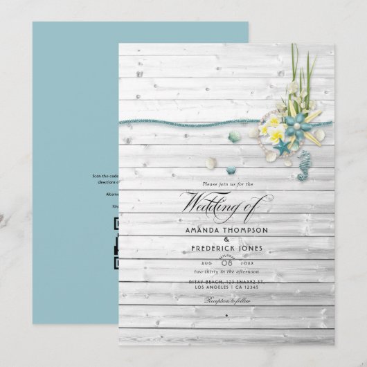 ラスティック サマー ビーチ QRコード RSVP ウェディング 招待状 (正面/裏面)