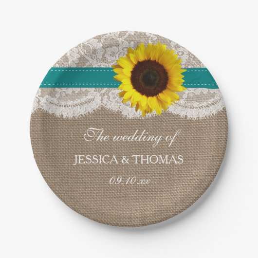 ラスティック サンフラワー ウェディングコレクション - ティール ペーパープレート (正面)