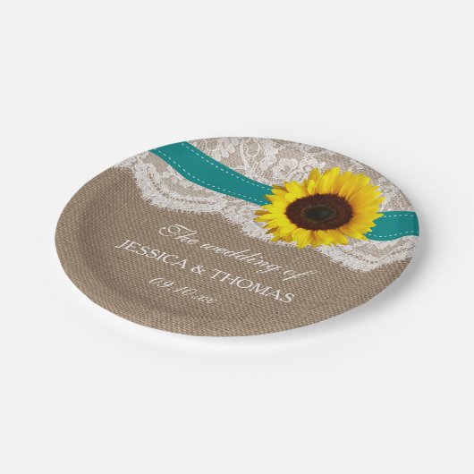 ラスティック サンフラワー ウェディングコレクション - ティール ペーパープレート (アングル)