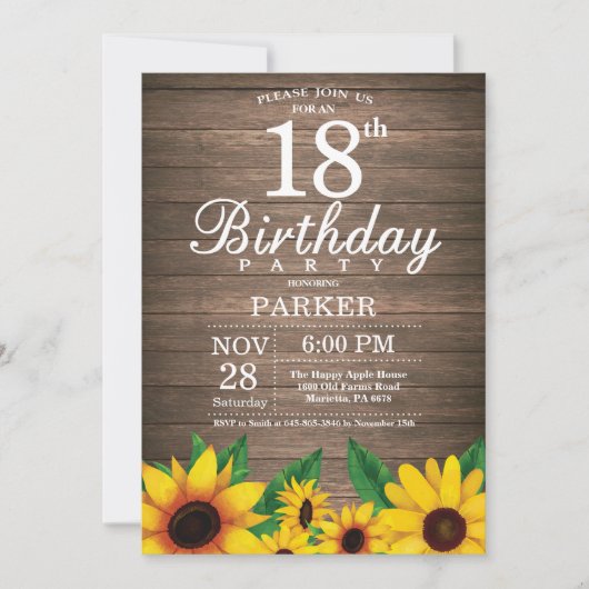 ラスティック サンフラワー 18歳の誕生日パーティー招待状 招待状 (正面)