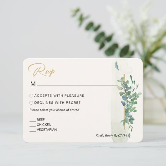 ラスティック シック ゴールド グリーンユーカリ ウェディング RSVP (スタンド正面)