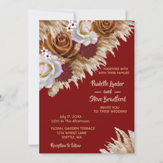 ラスティック シナモン ローズ ワイルドフラワー バーガンディ ウェディング 招待状 (正面)