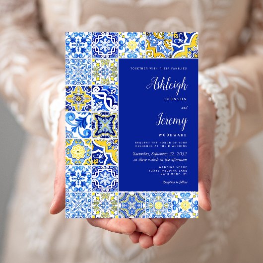 ラスティック タイル ブルー イエロー ホワイト ウェディング 招待状