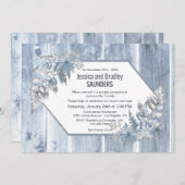 ラスティック ダスティーブルー ウッド ボタニカル ウェディング レセプション 招待状 (正面/裏面)