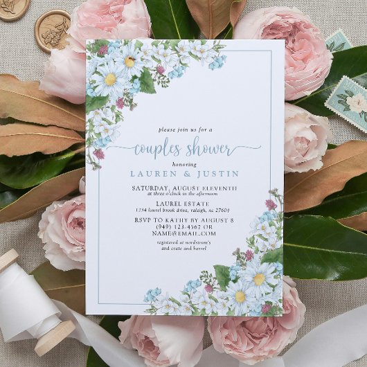 ラスティック ダスティーブルー スクリプト ワイルドフラワー カップルシャワー 招待状