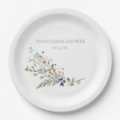 ラスティック ダスティーブルー ワイルドフラワー＆デイジー ウェディング ペーパープレート (正面)