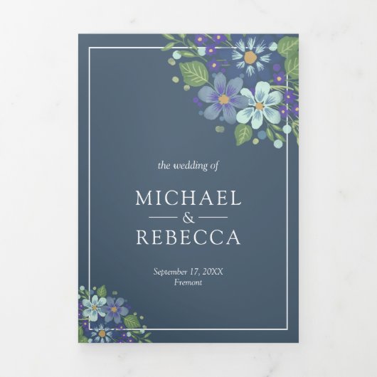 ラスティック ダスティーブルー 水彩花写真 ウェディング 三つ折り招待状 (カバー)