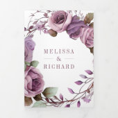 ラスティック ダスティー パープル フローラル QR コード ウェディング 三つ折り招待状 (カバー)