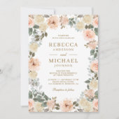 ラスティック ダスティー ピーチ フローラル QR コード ウェディング 招待状 (正面)