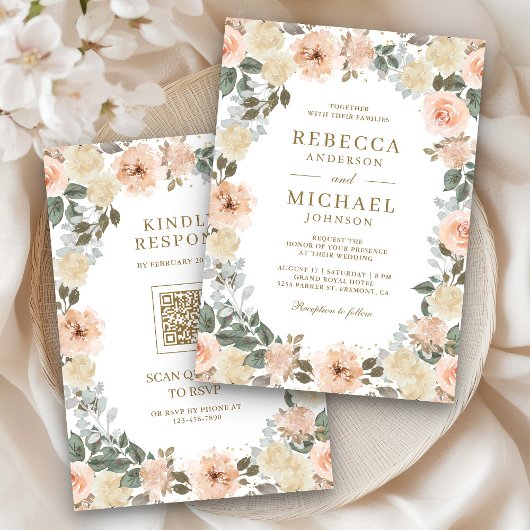 ラスティック ダスティー ピーチ フローラル QR コード ウェディング 招待状