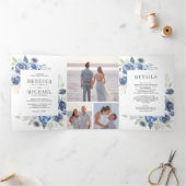 ラスティック ダスティー ブルー フラワー フォト コラージュ ウェディング 三つ折り招待状 (内部)