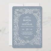 ラスティック ダスティー ブルー & ホワイト フラワーバード ウェディング 招待状 (正面)