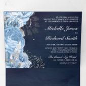 ラスティック ダスティー ブルー ローズ 花の写真 ネイビー ウェディング 三つ折り招待状 (内部最初)