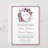 ラスティック ダスティ パープル フローラル QR コード ウェディング 招待状 (正面)