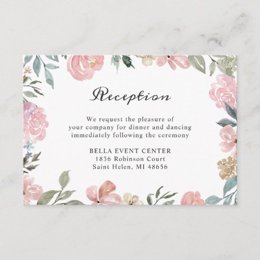 ラスティック ダスティ ピンク フローラル ウェディング レセプションの詳細 エンクロージャーカード (正面)
