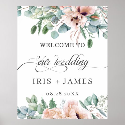 ラスティック ダスティ ピンク ブラッシュ フラワーの結婚式ウェルカムサイン ポスター (正面)