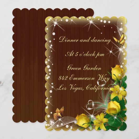 ラスティック ダーク ウッド イエロー フラワーの結婚式の披露宴 招待状 (正面/裏面)