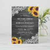 ラスティック チャコールグレー ウッドレース ひまわり ウェディング 招待状 (スタンド正面)